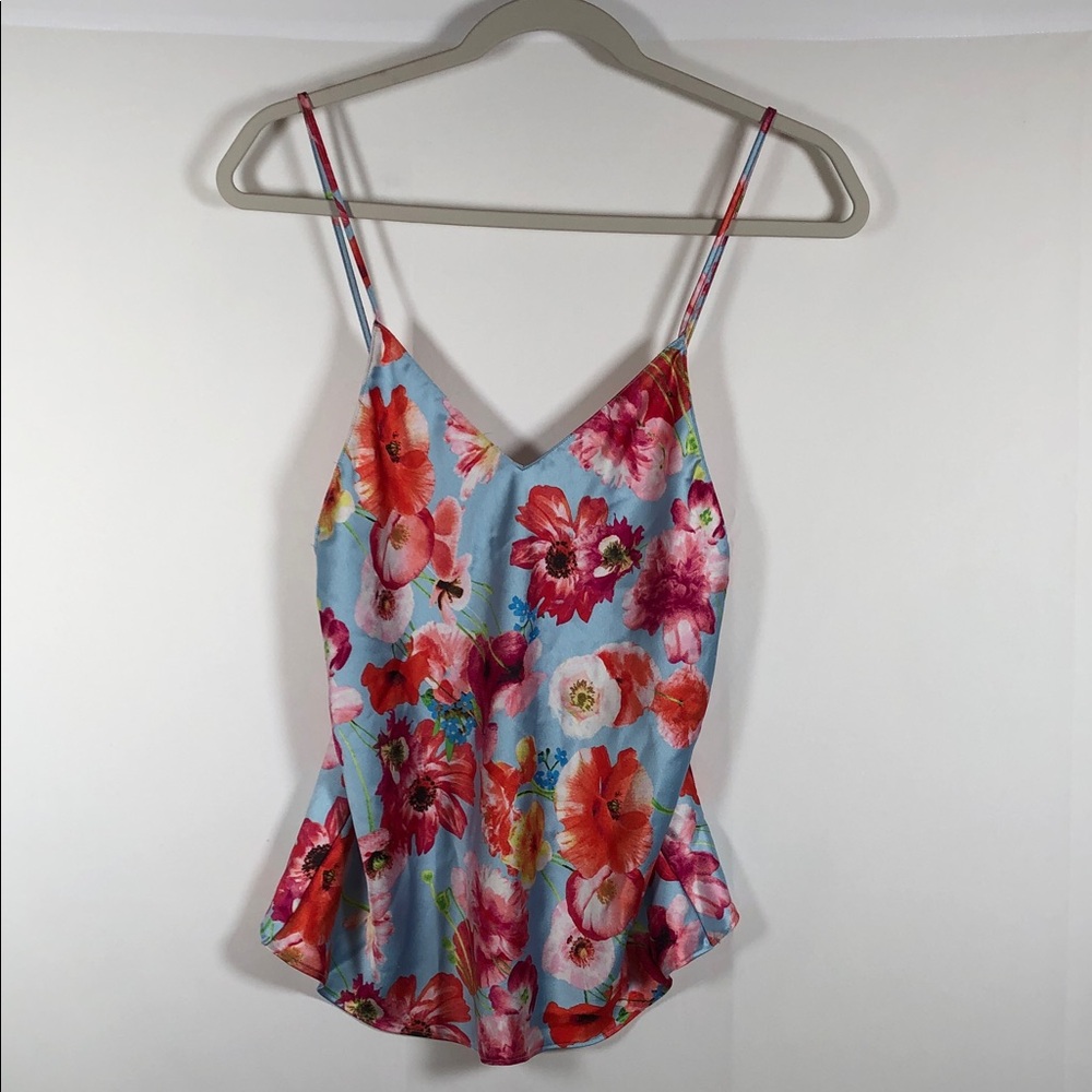 Victoria's Secret Floral Satin V-Neck Cutaway Back Cami with Pink &‎ Red Blooms